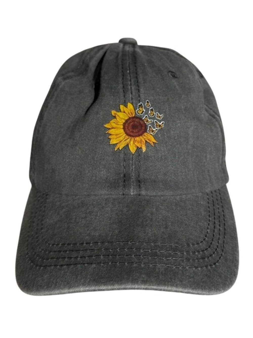 Sunflower Butterfly Gray Cotton Cap Adjustable Soft Girl Cottagecore Hat